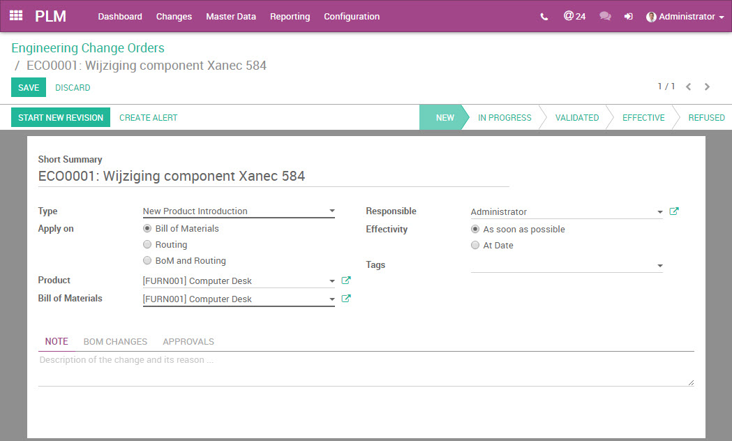 Odoo Engering Change Order Scherm