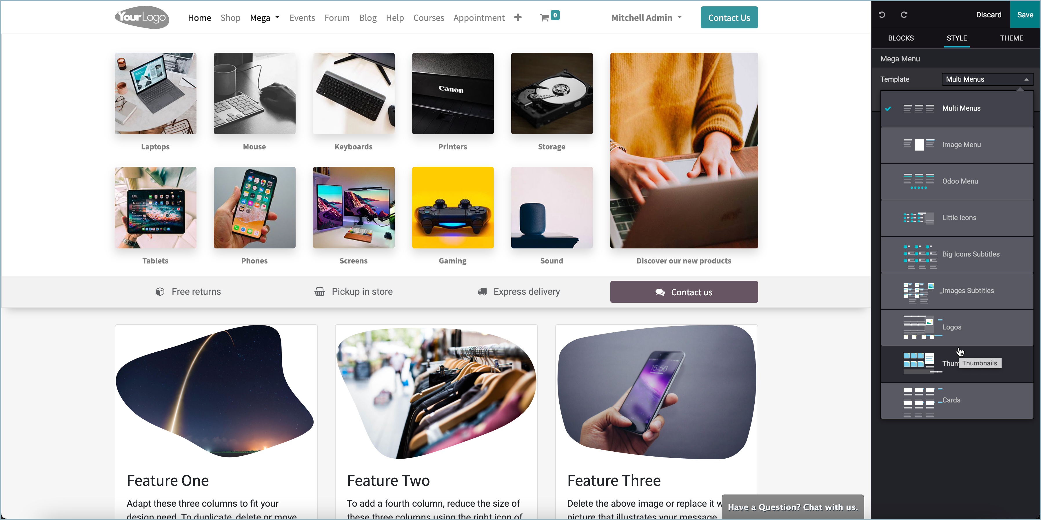 Odoo - Nieuwe mega-menusjablonen