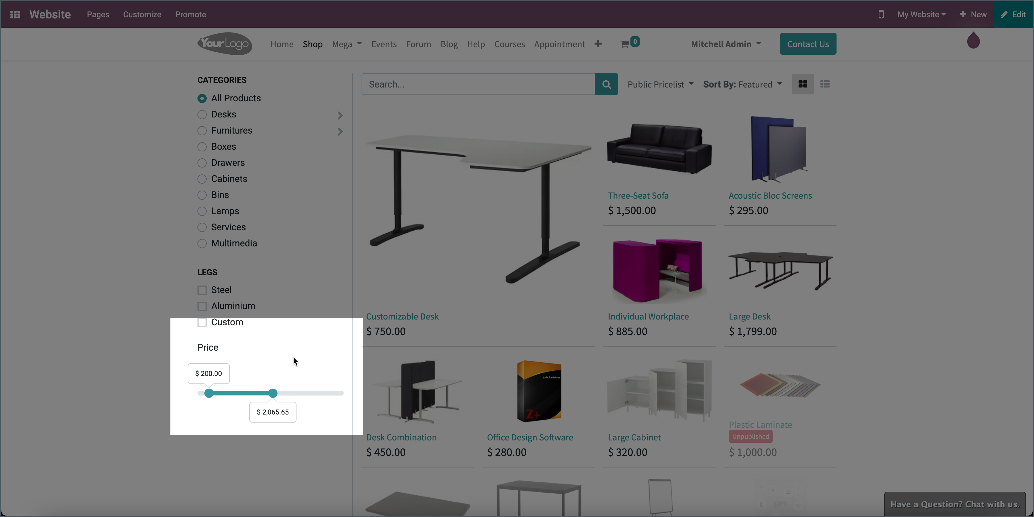 Odoo - Product prijzen filter (price slider)