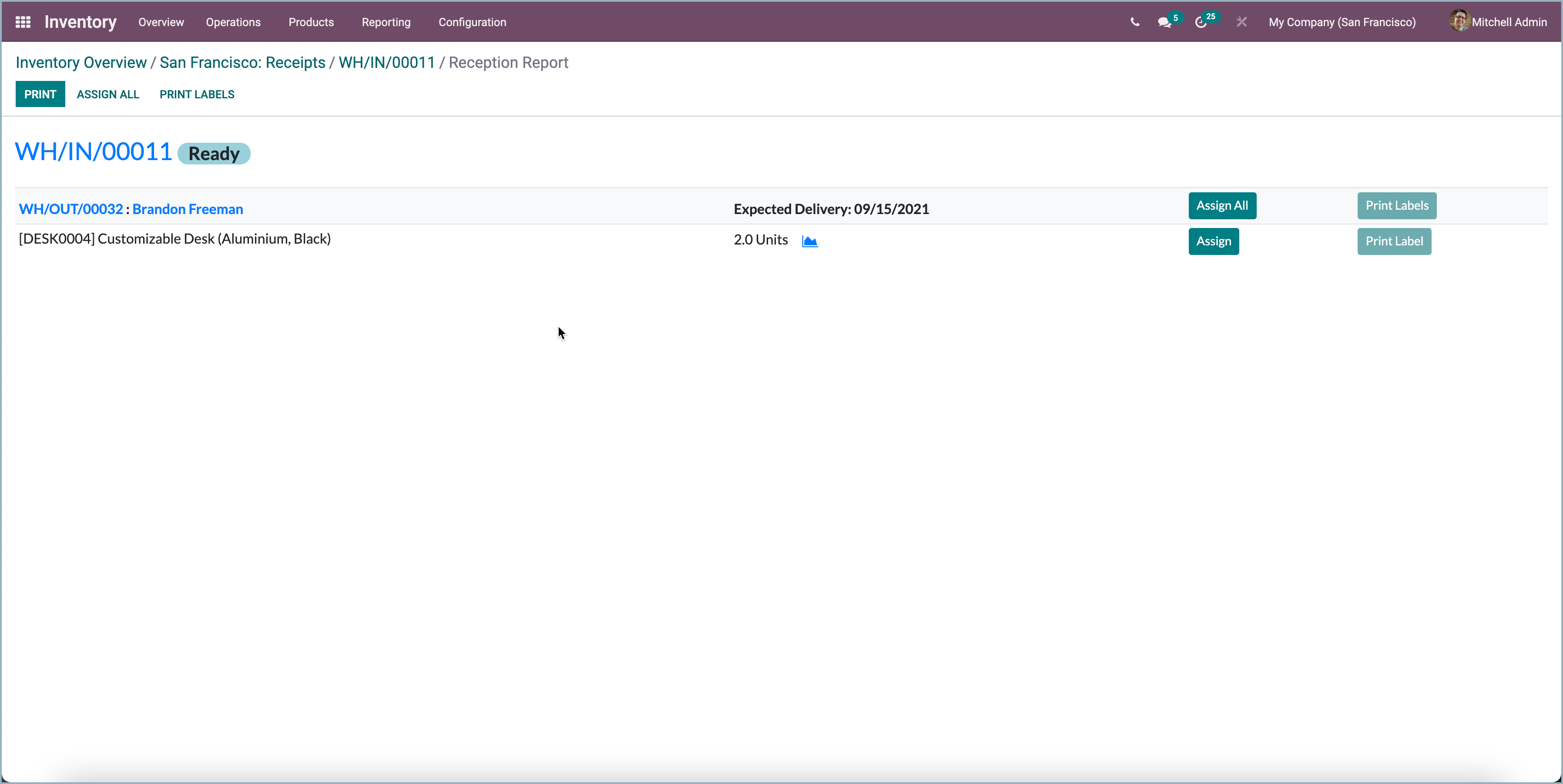 Odoo ontvangst rapportage