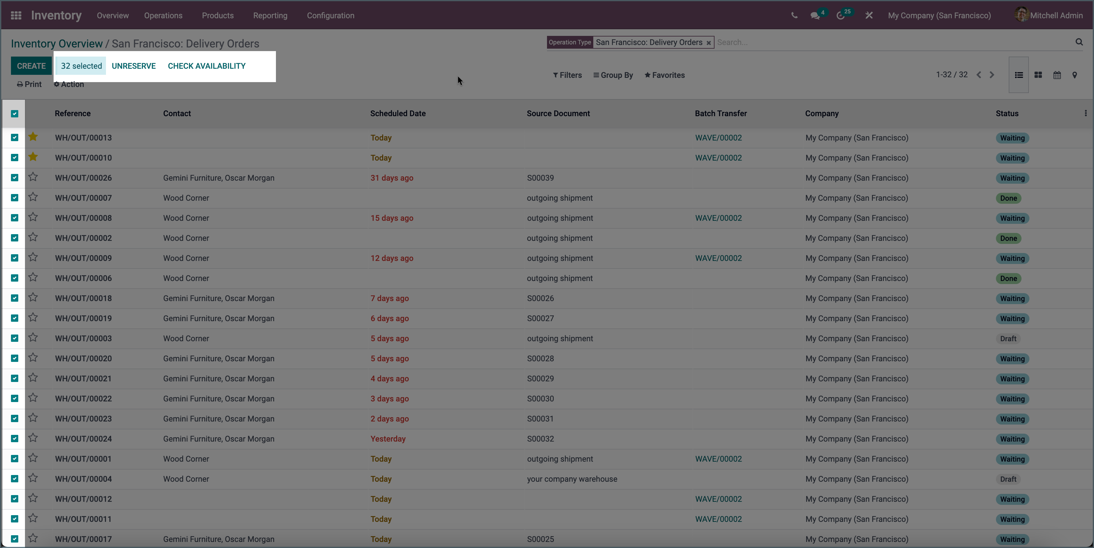 Odoo reserveren en reservering ongedaan maken in batch