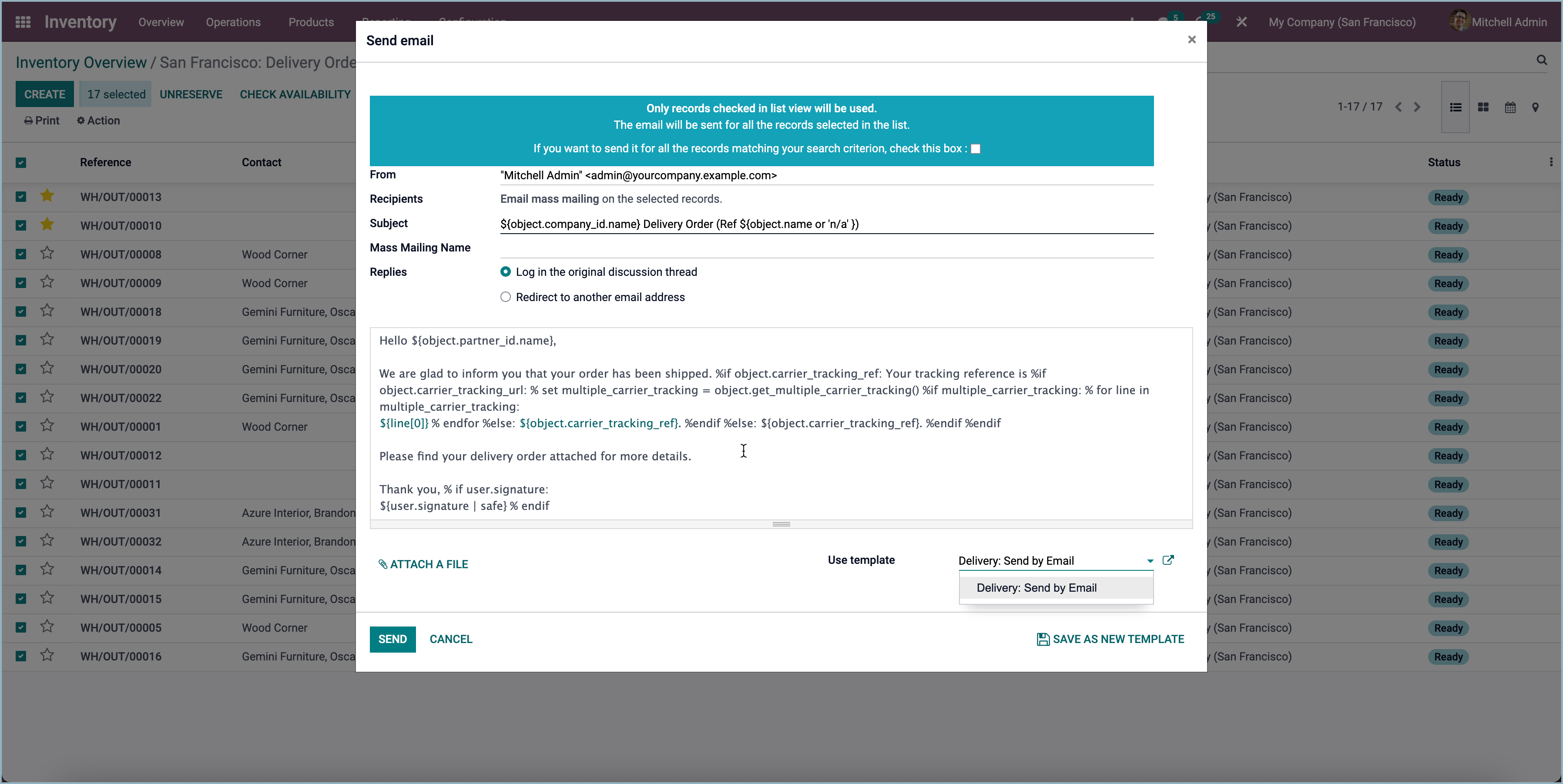 Odoo Bulkmailingen vanaf een levering