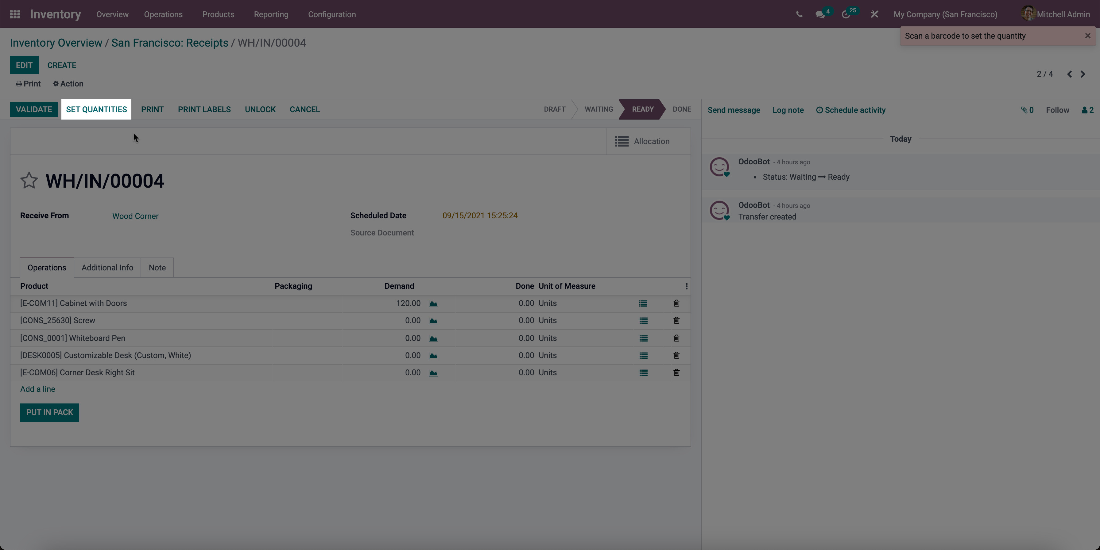 Odoo ontvangst aantallen instellen