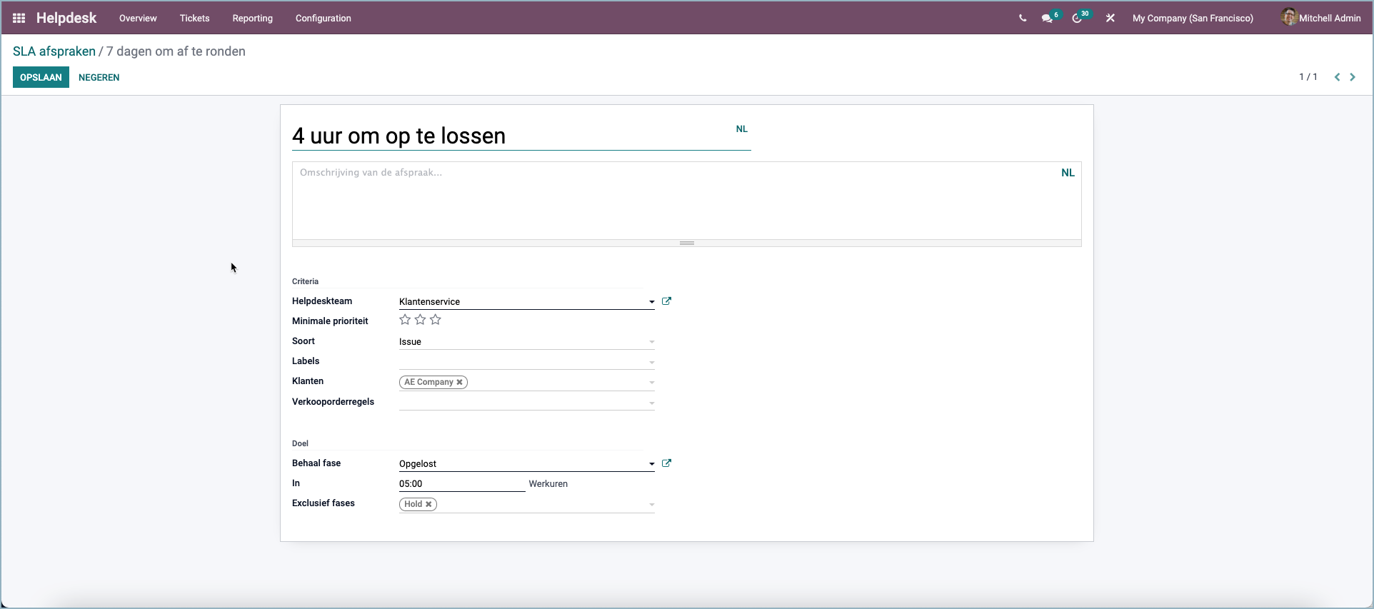 Odoo Service Level Agreement (SLA) per klant