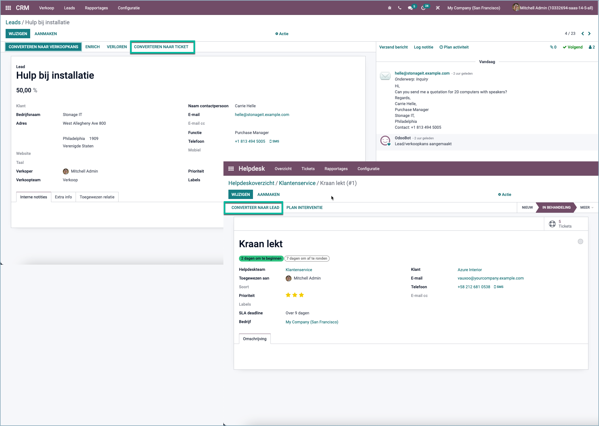 Odoo Maak leads van helpdeskticket
