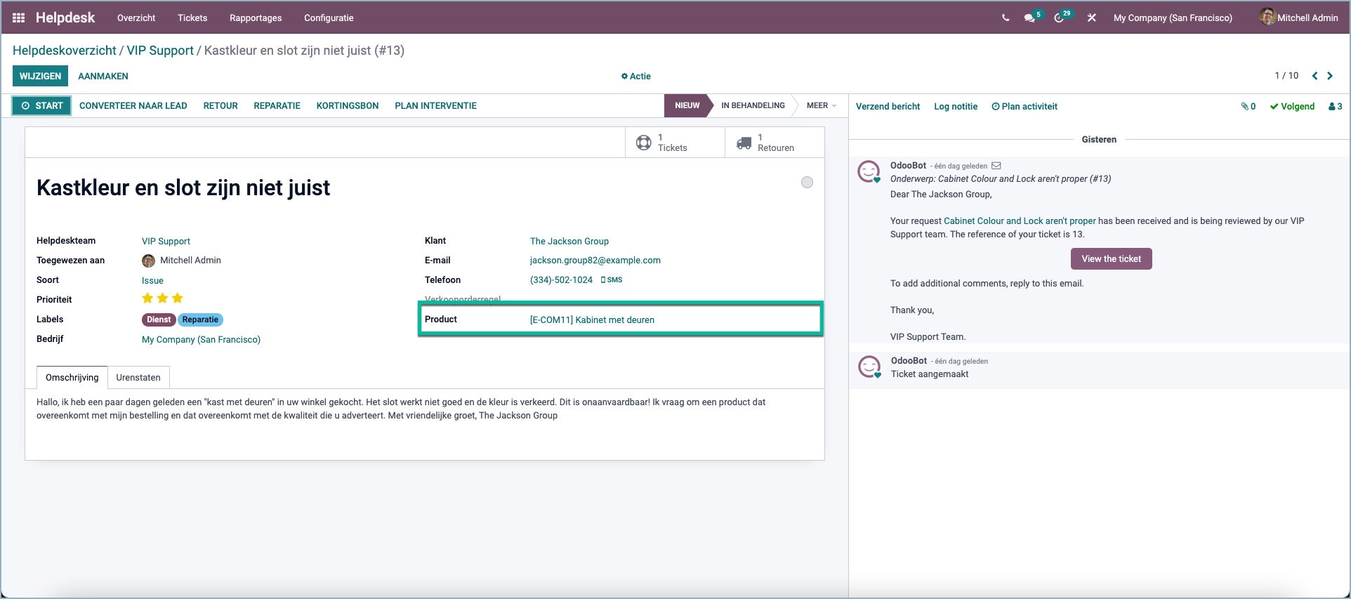 Odoo Stel een product in op een helpdeskticket
