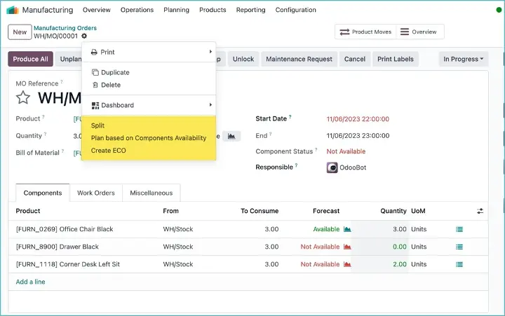 Odoo productieorder opties