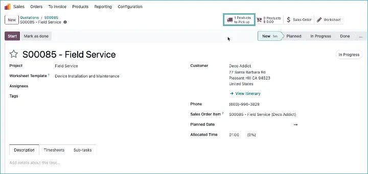 Odoo 18 - Field service Display which products you need to take with you