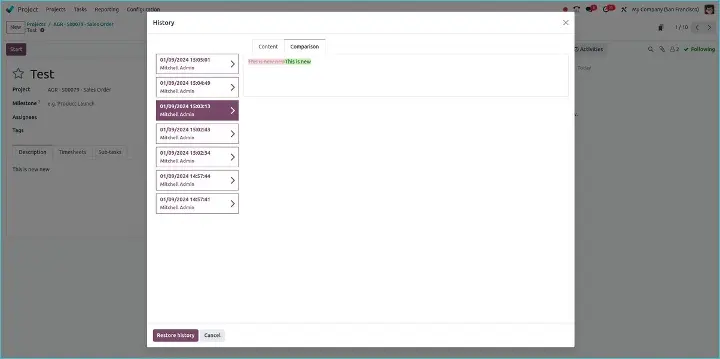 Odoo Projects - History of Changes