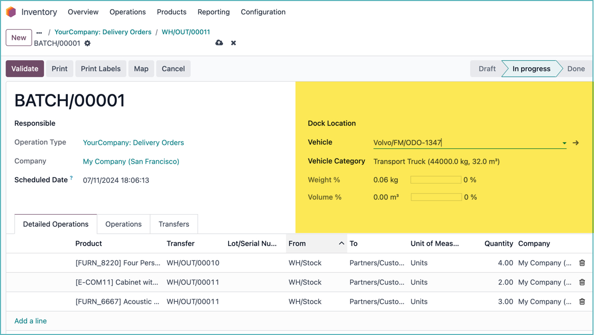 Odoo dispatch management for transport
