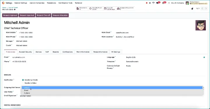 Odoo outgoing mail server per user