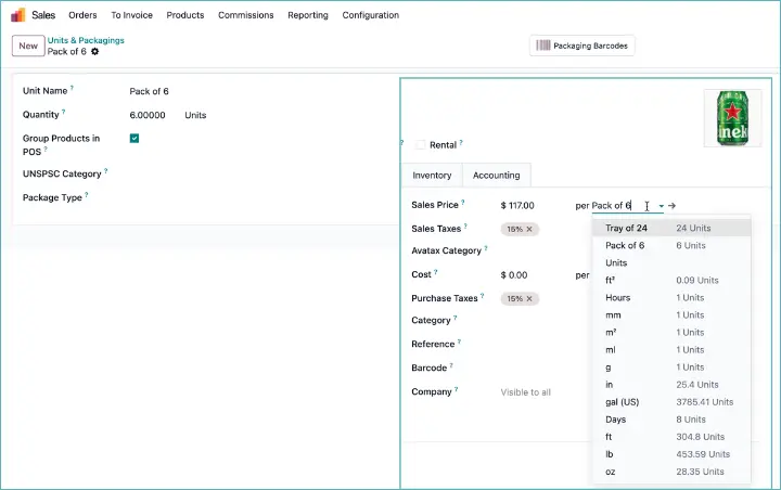 Odoo units and packaging