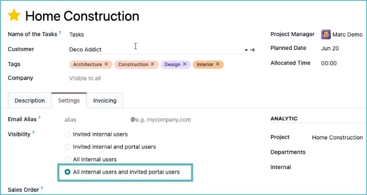 Odoo access option for projects