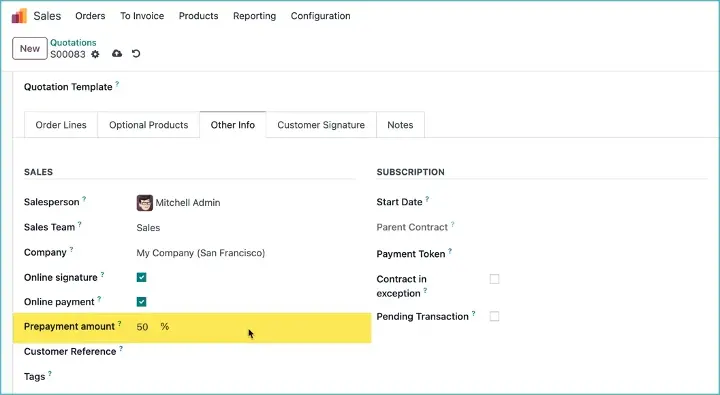 Odoo Down payment sales order