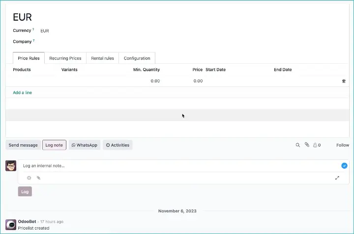 Odoo Chatter for price lists