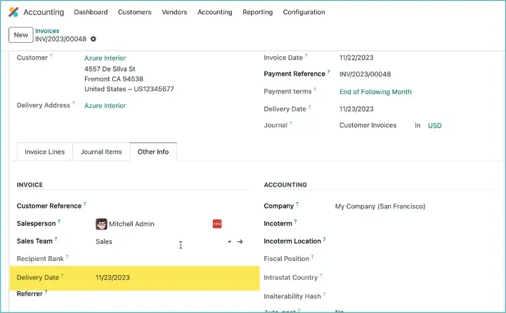 Odoo Delivery date on invoice