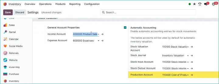 Odoo Manufacturing cost account