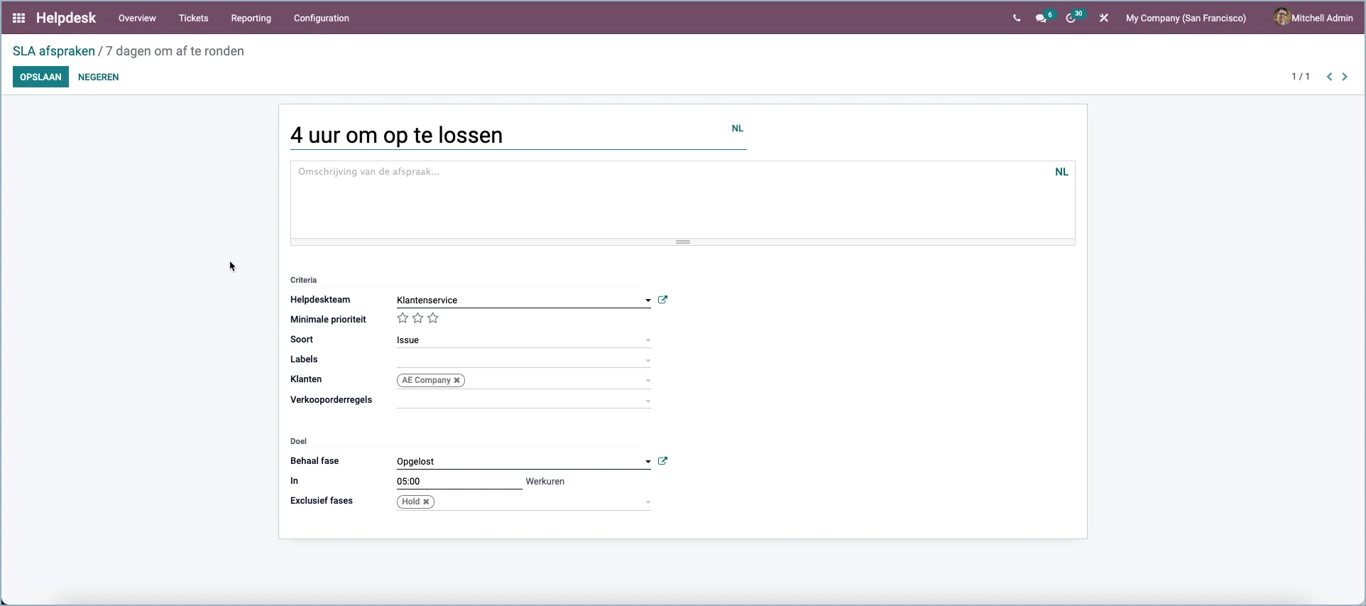 Odoo Service Level Agreement (SLA) per customer