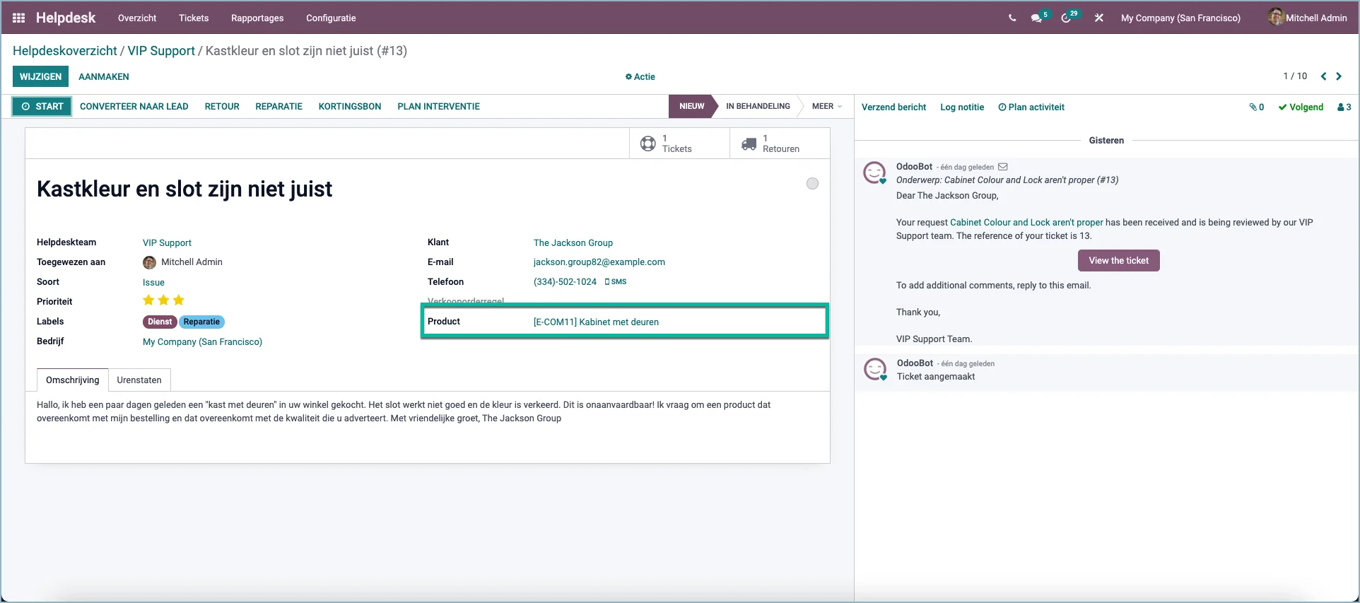 Odoo Set up a product on a helpdesk ticket