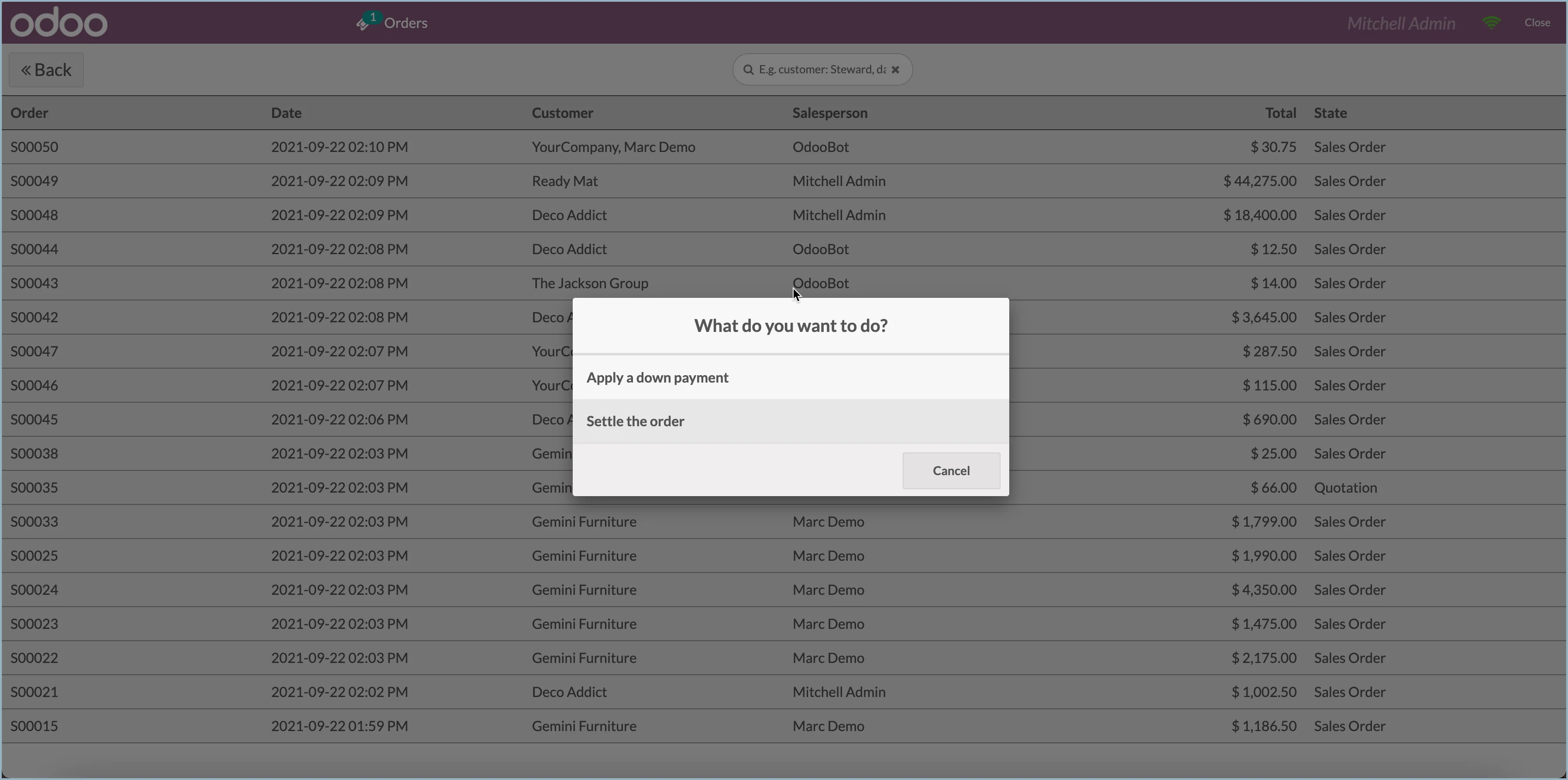 Odoo - Pay for a previously placed order at the point of sale
