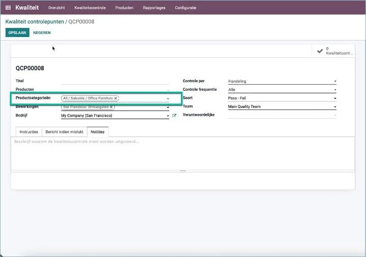 Odoo - Quality points per product category