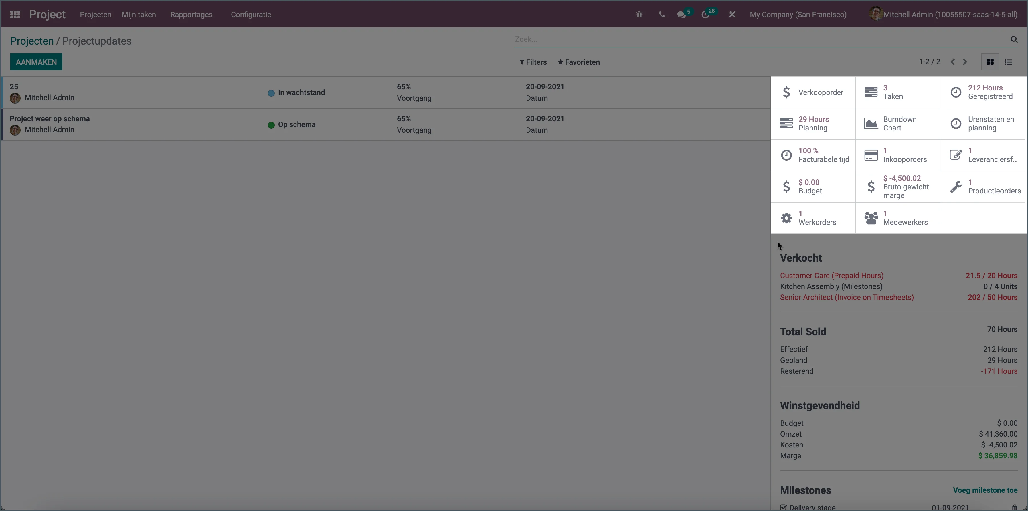 Odoo gekoppelde kostenplaatsen project