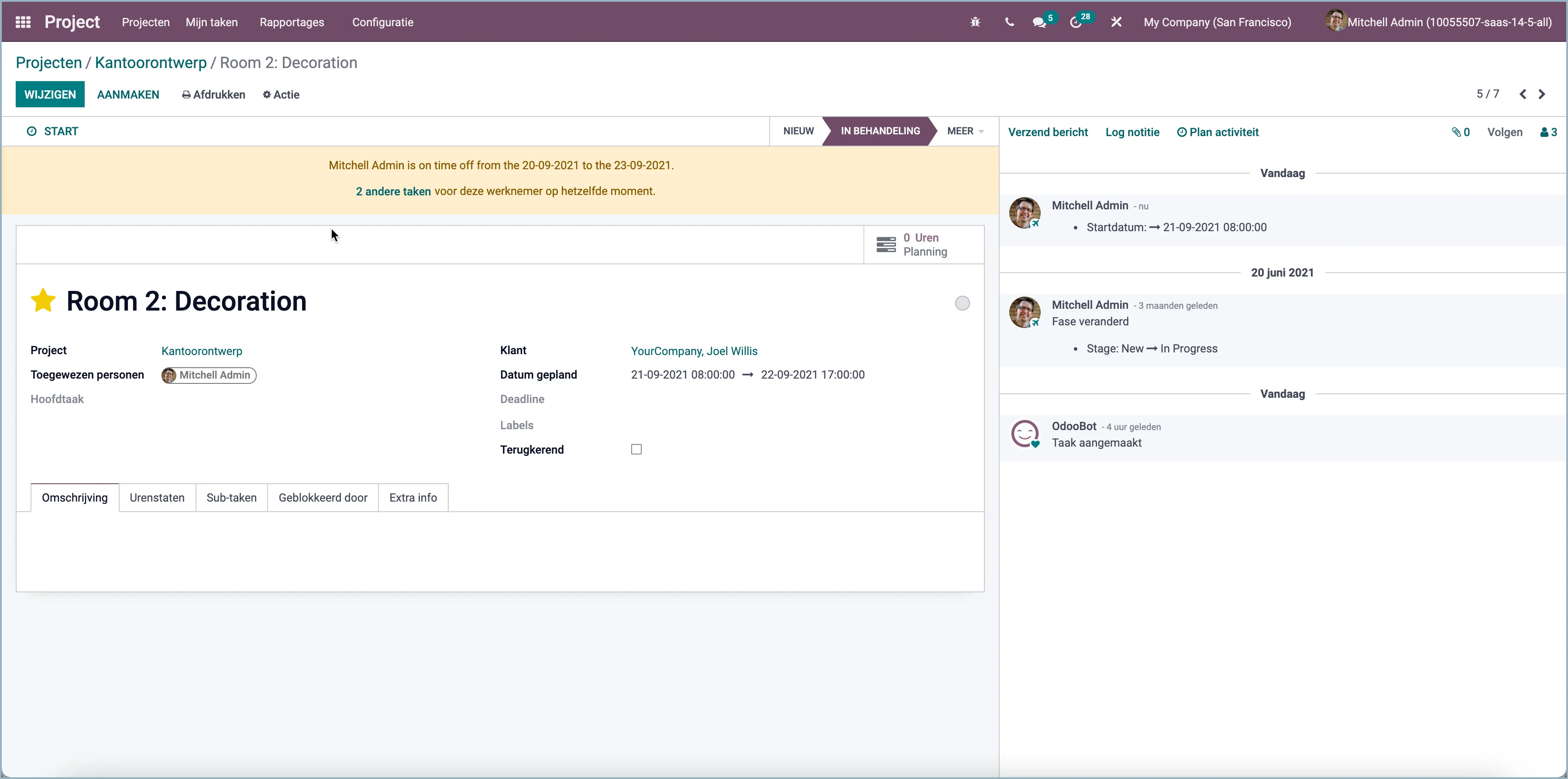 Odoo projectmedewerker op verlof