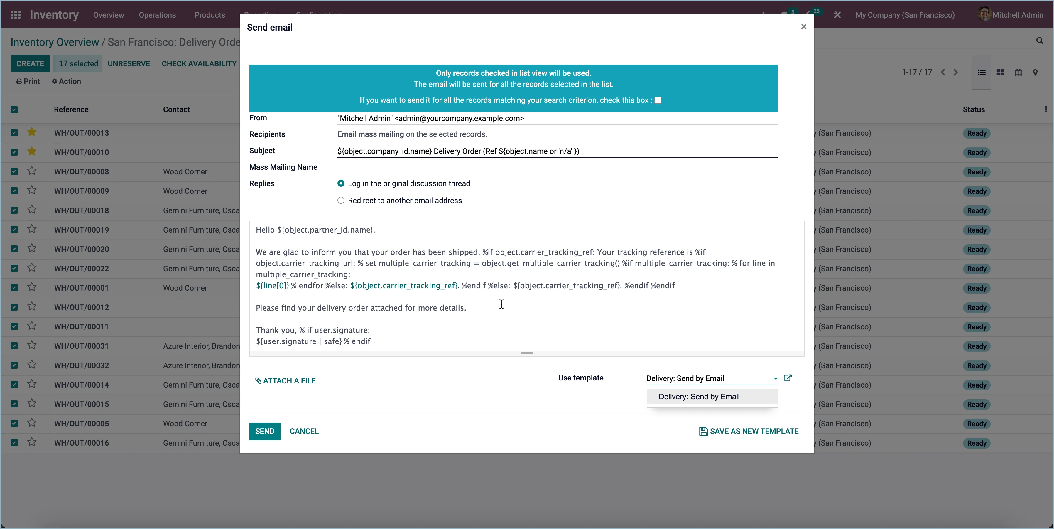Odoo bulk mailings from a delivery