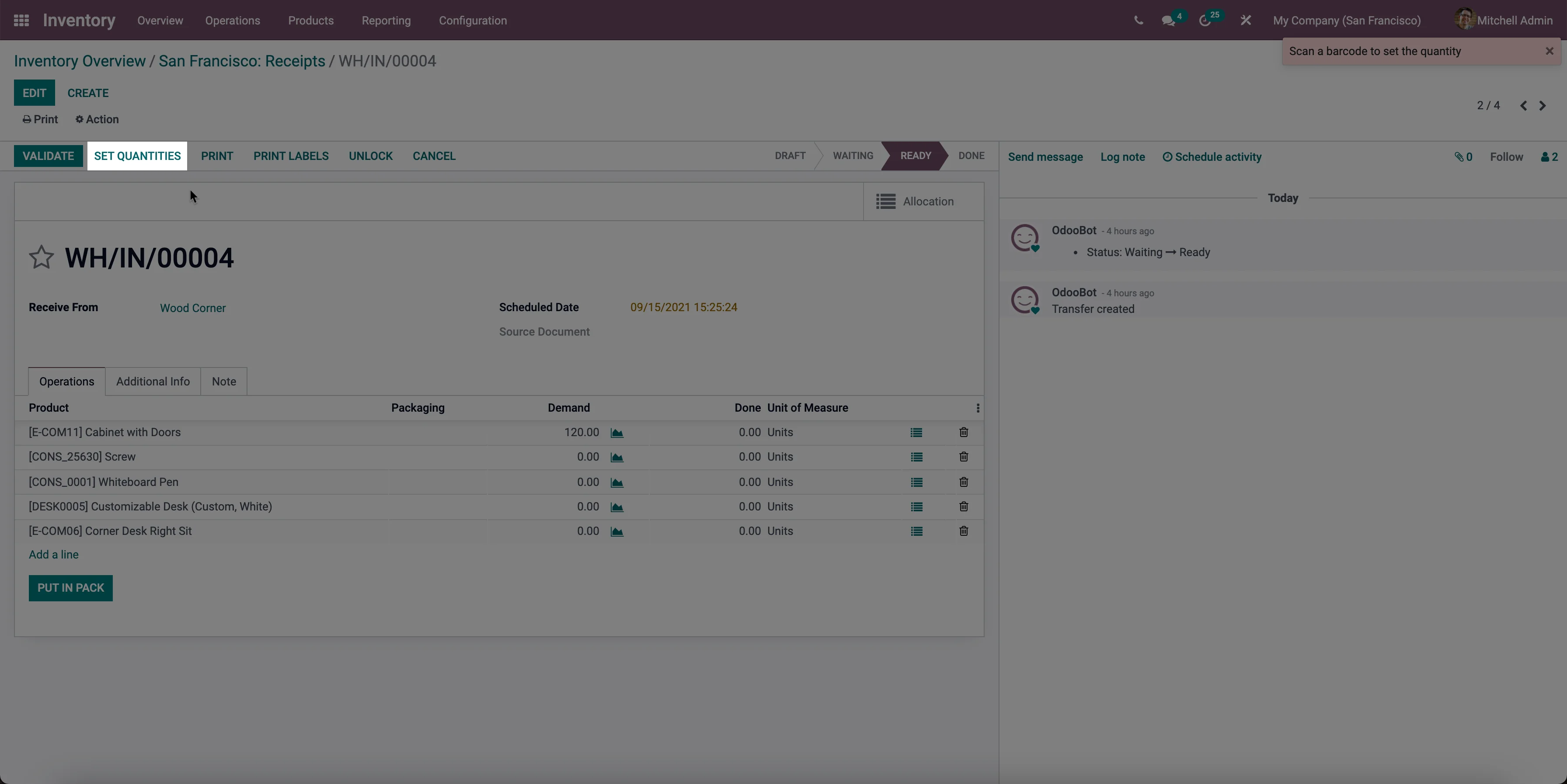 Odoo set receipt quantities