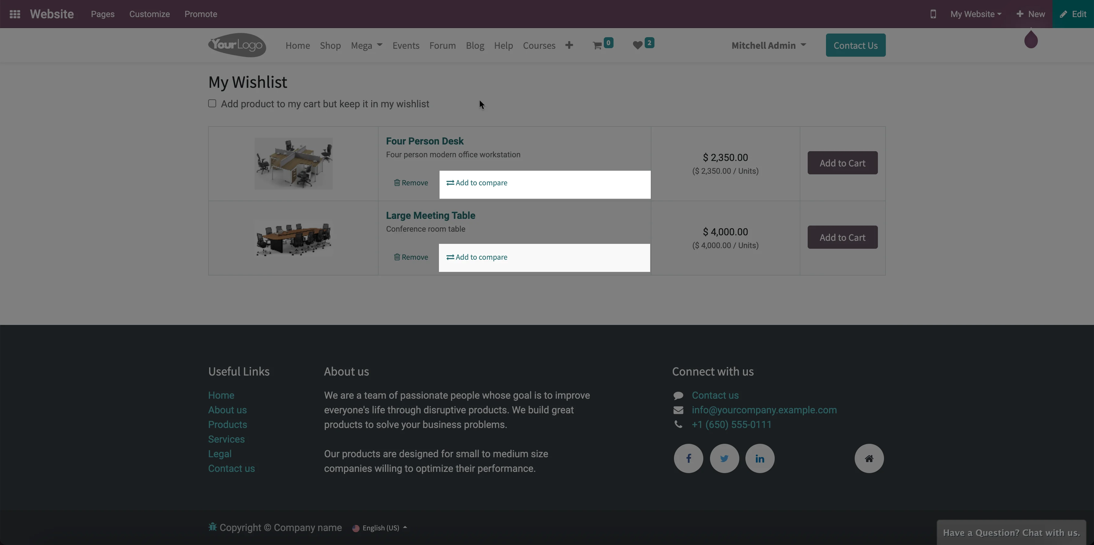 Odoo - Producten wensenlijst vergelijken