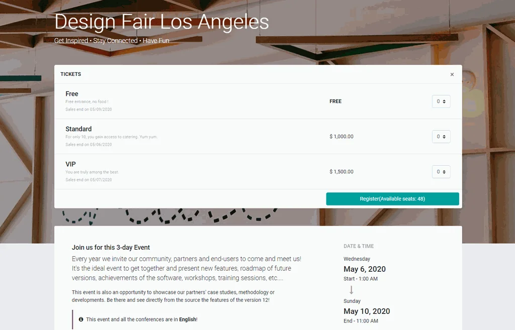 Odoo evenementen ticket pagina