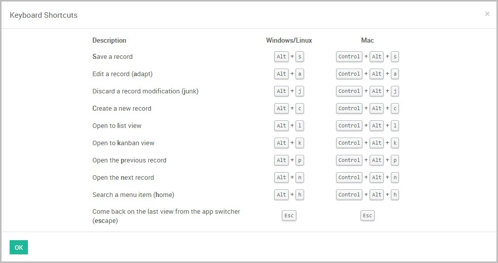 Odoo Shortcuts screen