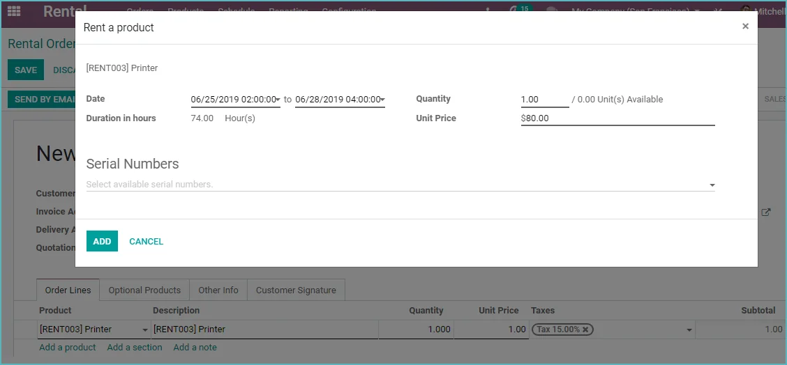 Odoo Toevoegen verhuur product