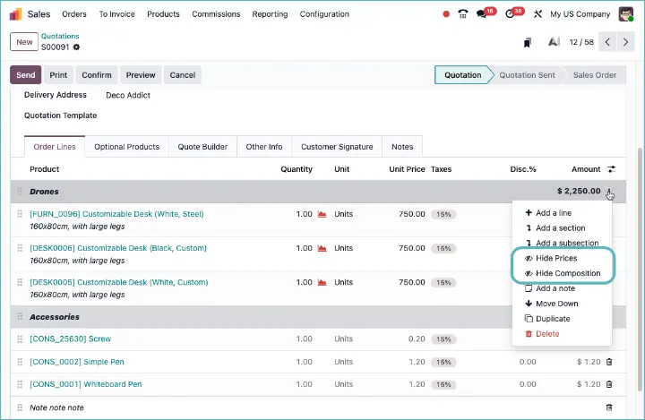 Odoo sale hide prices sections