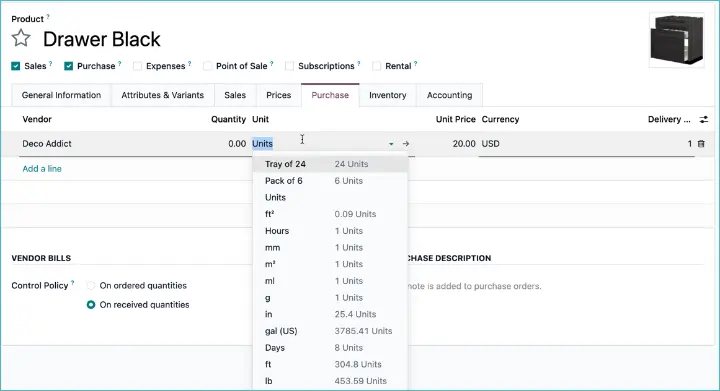Odoo purchase unit per supplier