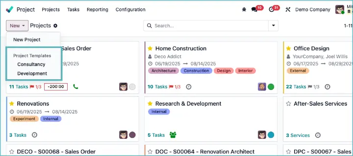 Odoo create projects based on template