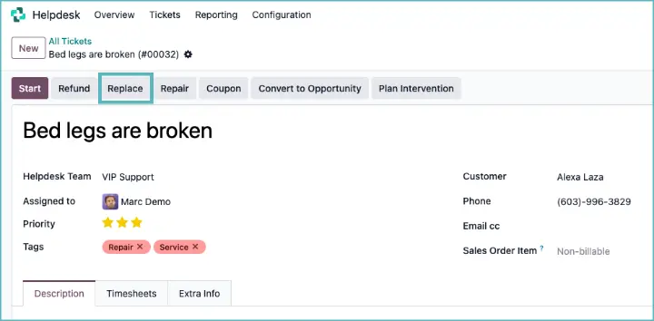 Odoo helpdesk replace product