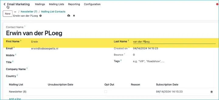 Odoo Marketing - Optionele splitsing van de contactnaam