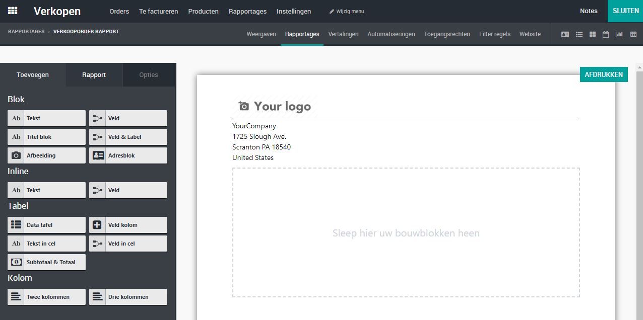 Odoo Studio, maak nieuw rapport