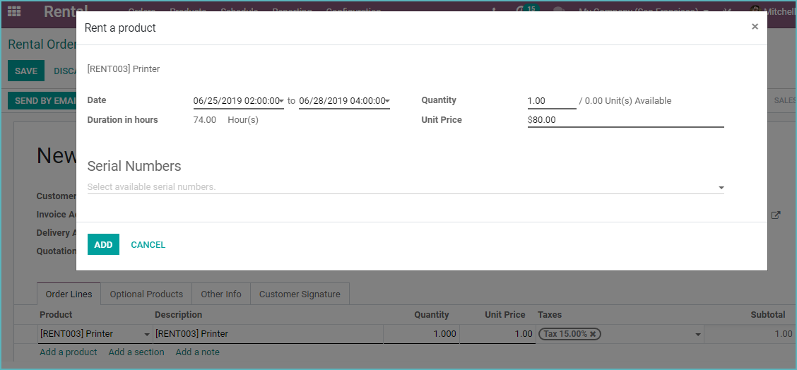 Odoo Toevoegen verhuur product